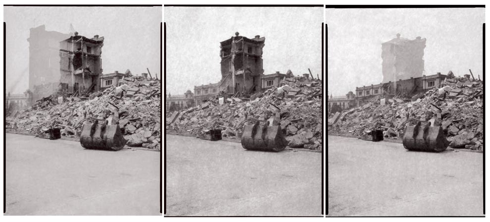 © Martí Llorens. Demolition of the old railway building ‘Servicio Eléctrico’ in Avinguda d’Icària 6-8. Triptych made with the pinhole camera. 1989. Icarian Archive / Factoria Heliográfica collection.